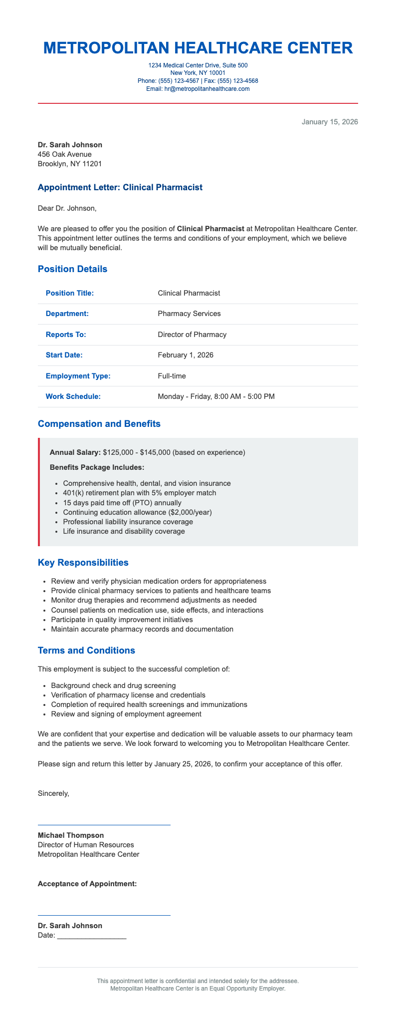 Medical insurance pharmacist appointment letter